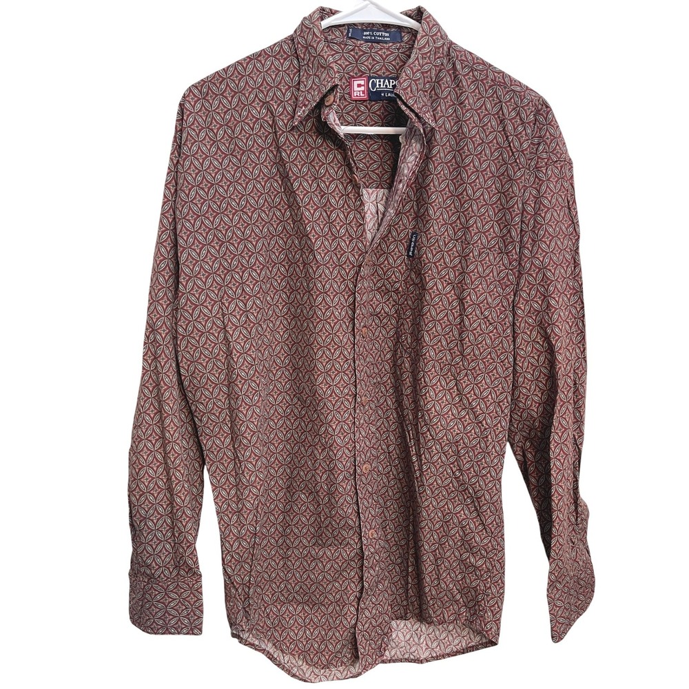 Vintage 90s Chaps Ralph Lauren Shirt S Burgundy Geometric Print Cotton Retro